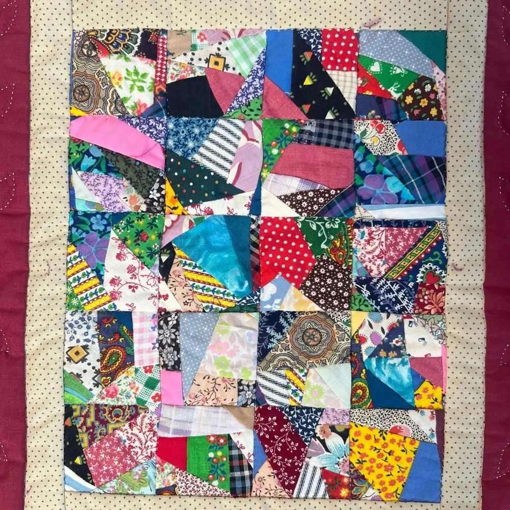 Vintage Handmade Mini Crazy Quilt Wall Hanging Patchwork Table Topper 15.5x14